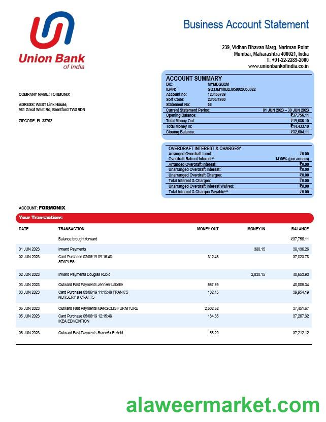 Union Bank of India business statement Word and PDF template